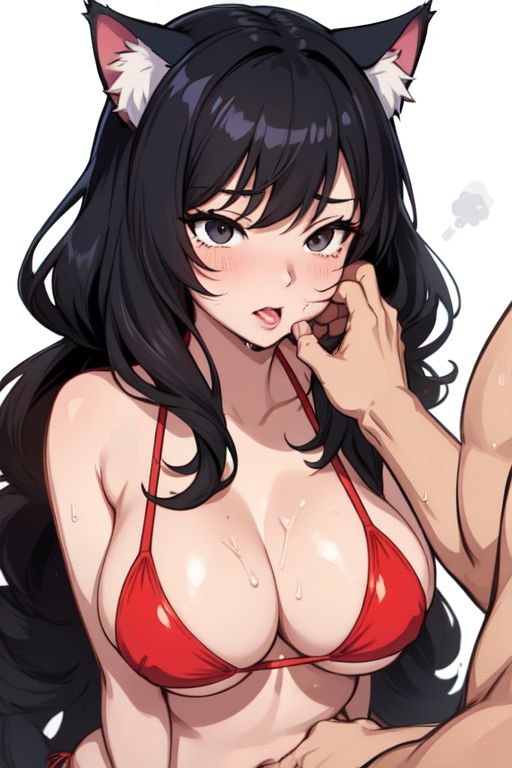 ai_generated black_eyes black_hair blush blushing_female cat_ears cat_tail catgirl large_breasts long_hair male male_out_of_frame messy_hair muscular muscular_male suzume_yoru sweat sweatdrop sweating sweaty unknown_male whxsperrai