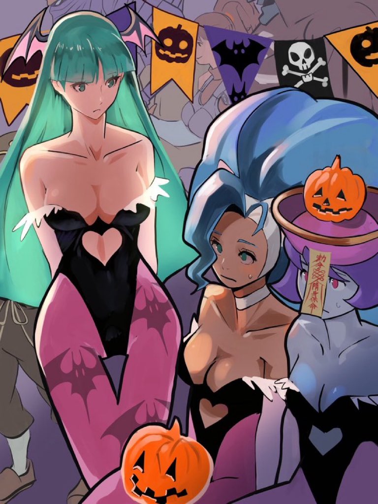 3girls, big breasts, blue hair, blue skin, breasts, capcom, catgirl, cosplay, darkstalkers, felicia (darkstalkers), female, female only, green eyes, halloween, hat, head wings, hsien ko, lei lei, lei-lei, meke, morrigan aensland, morrigan aensland (cosplay), multiple girls, purple hair, succubus