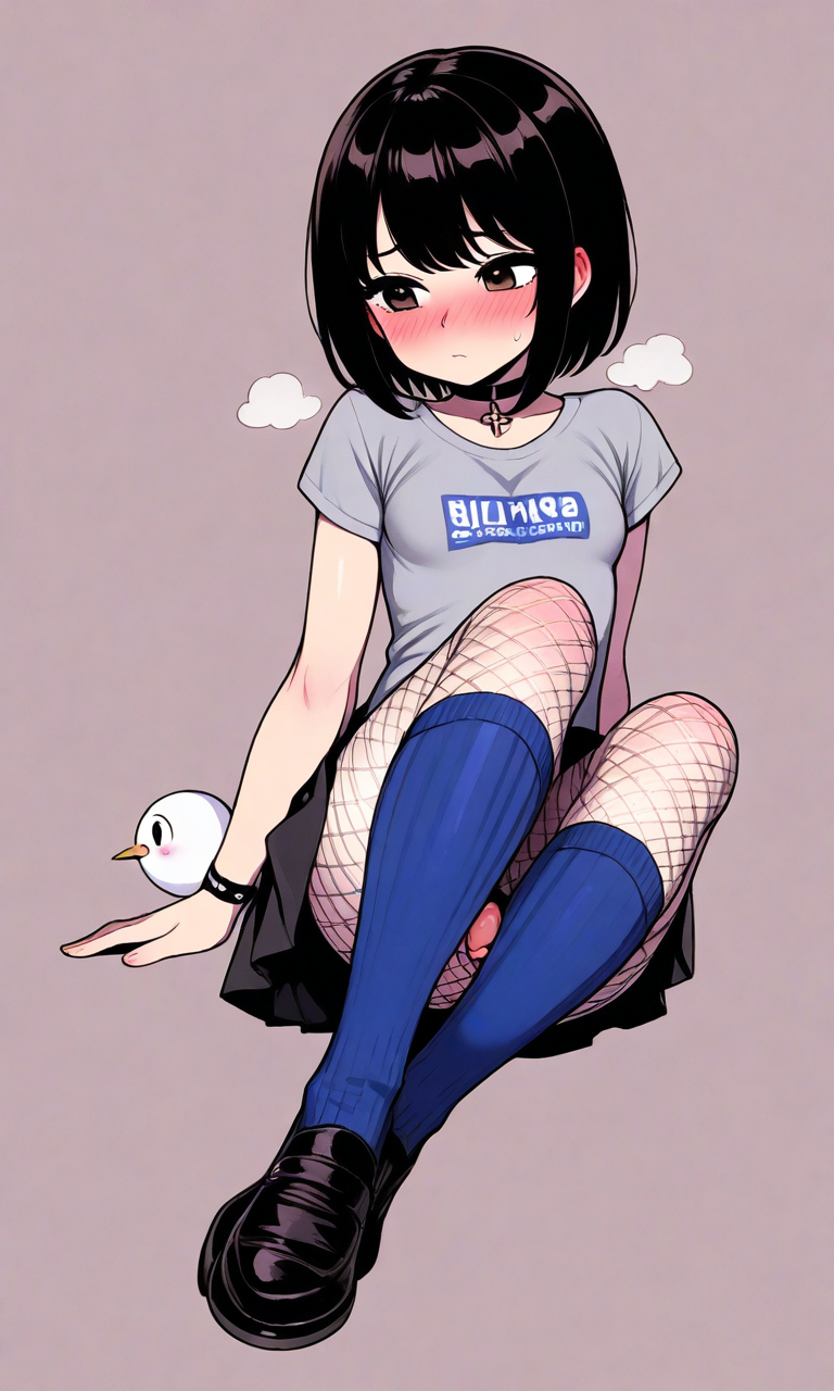 ai_generated big_ass black_hair black_skirt blush brown_eyes choker dick femboy love male_breasts medium_penis penis shoes skirt small_breasts smile snowman staspivo