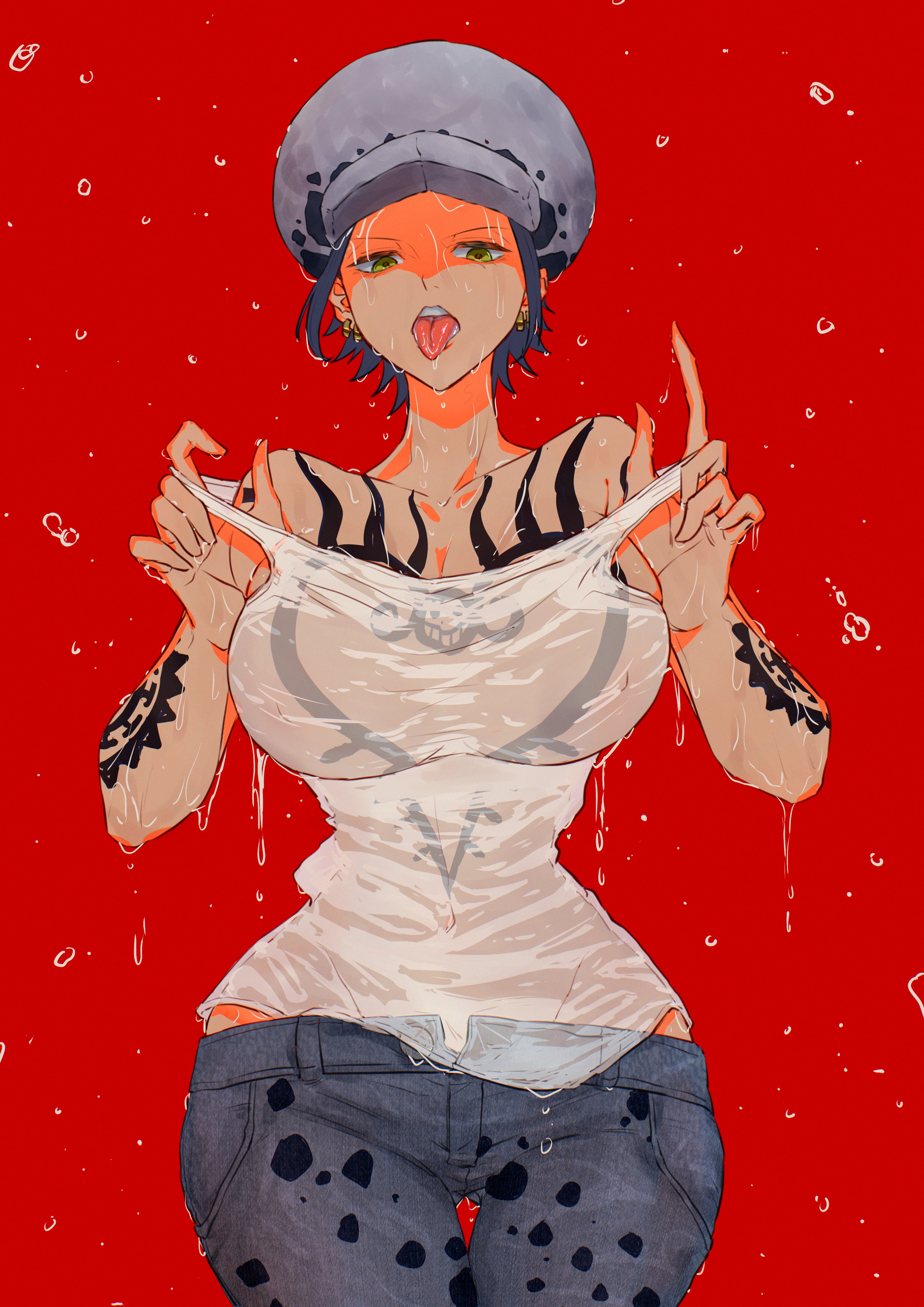 1girls, big breasts, black hair, breasts, canon genderswap, clothed, clothing, facing viewer, female, female focus, female only, green eyes, hat, headwear, jeans, large breasts, light skin, light-skinned female, looking at viewer, navel, nipples, one piece, pants, red background, rule 63, sc scandium, see-through, see-through clothing, shirt, short hair, simple background, sleeveless, sleeveless shirt, slim waist, solo, tattoo, thick thighs, thigh gap, thin waist, tongue, tongue out, trafalgar law, trafalgar law (female), wet, wet clothes, white shirt, wide hips