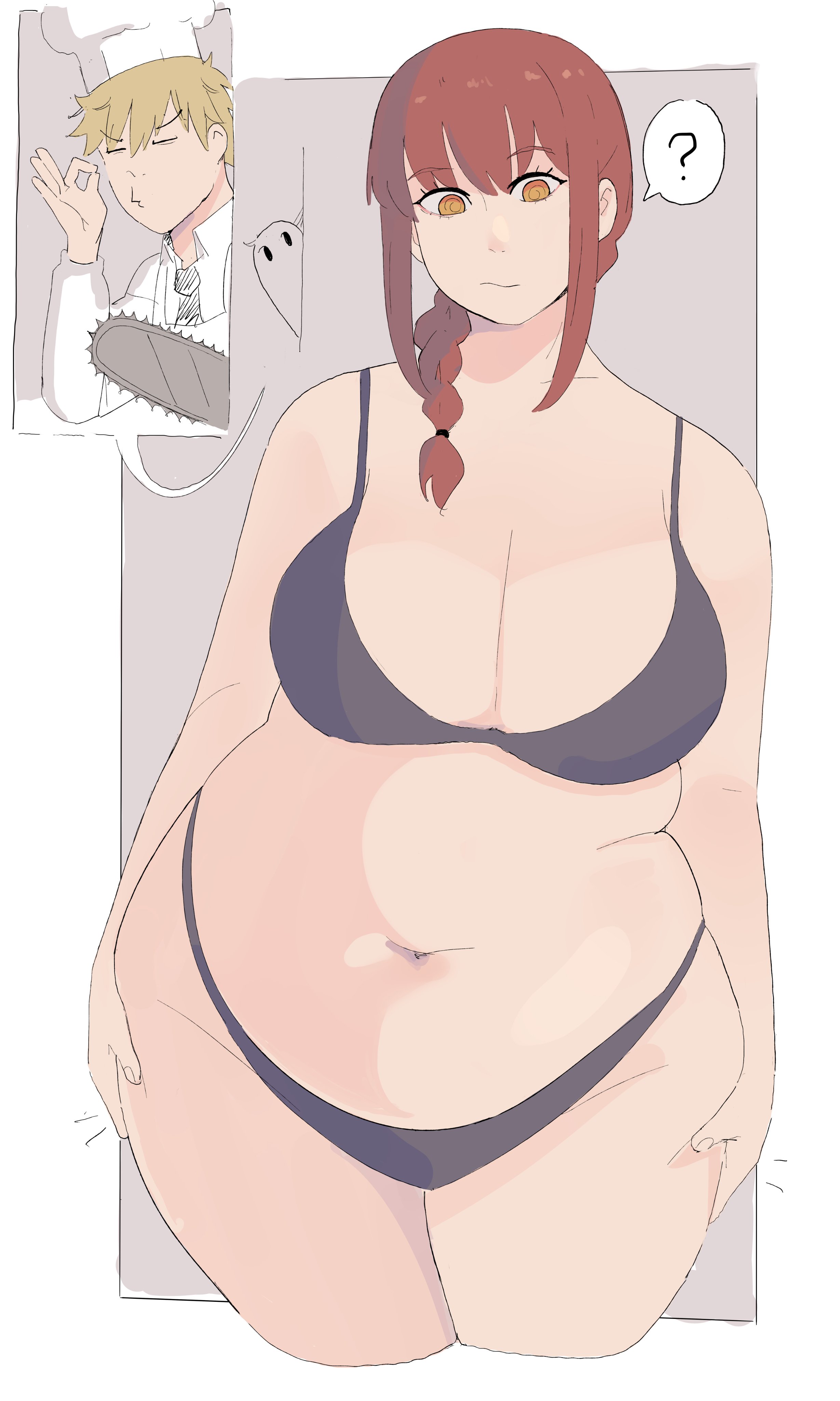 1boy, 1girls, big breasts, breasts, chainsaw man, chubby, chubby belly, chubby female, deep navel, denji (chainsaw man), fat, fat belly, fat female, fat fetish, fat thighs, female, female focus, lingerie, lingerie only, makima (chainsaw man), male, napolitane, overweight, overweight female, pear shaped, pear shaped female, pear-shaped figure, perfect body, red hair, simple background, waifu, yellow eyes