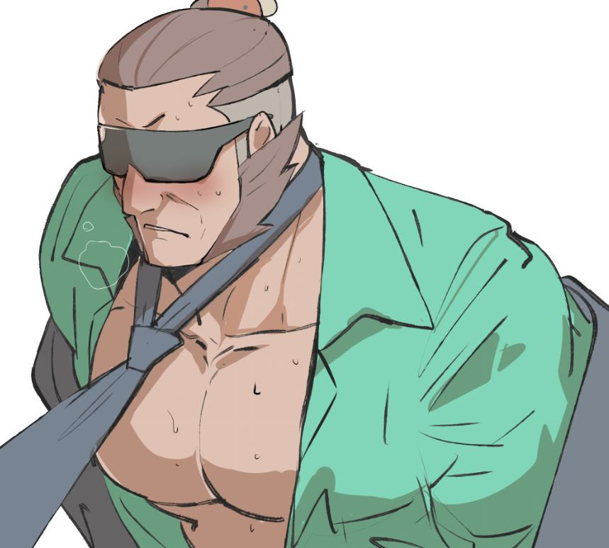 bara blush facial_hair male male_only muscles muscular necktie necktie_pull nintendo pokemon pokemon_legends:_z-a rybiok sideburns solo solo_male sunglasses sweat sweating vinnie_(pokemon)