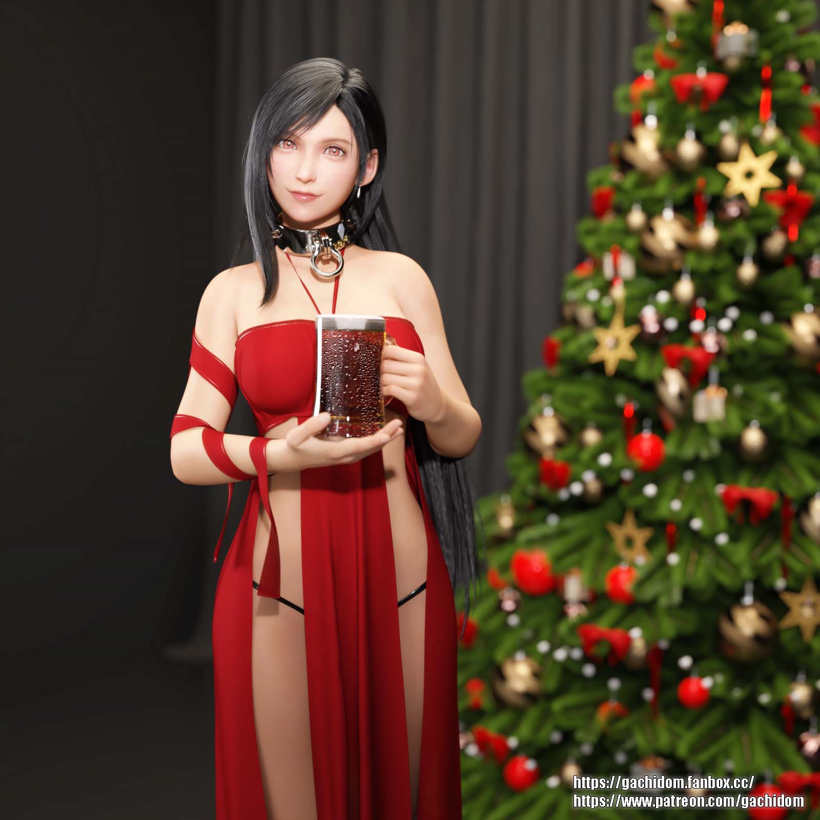 1girls 3d 3d_(artwork) 3d_model 3d_render beer black_hair black_panties christmas christmas_tree collar dress earrings female female_only final_fantasy final_fantasy_vii final_fantasy_vii_rebirth final_fantasy_vii_remake fit_female gachidom highres holding_glass holding_object hourglass_figure jewelry looking_at_viewer panties panties_visible red_eyes revealing_clothes revealing_dress tifa_lockhart