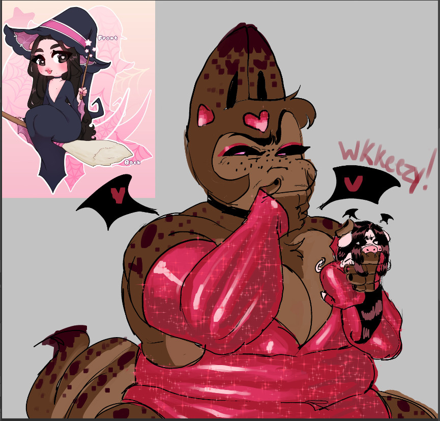 1boy 1girls bat_wings busty_boy character_request chubby_femboy commission crossdressing dedoggyskullz eyelashes eyeshadow freckles furry heart male/female meme miciah_kaisona_(wkkeezy) nada_(nadacheruu) nadacheruulewd oc original_characters pig pig_girl pink_skin red_clothing red_dress shiba_inu size_difference sparkly_dress spots thick_thighs voluptuous_male wide_hips witch wkkeezy(artist)