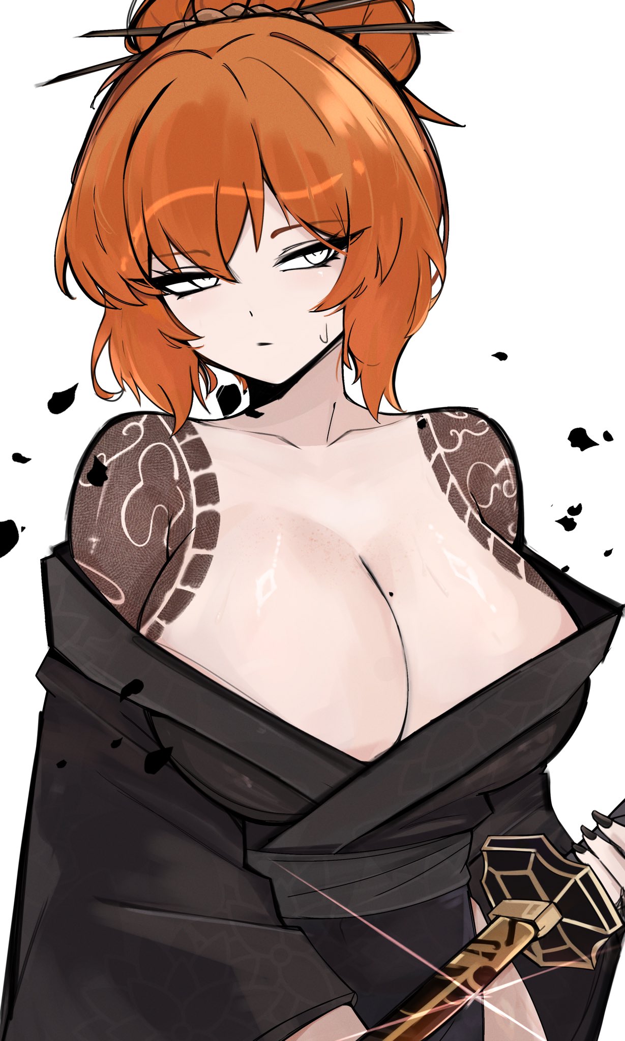 black_fingernails breasts cleavage female_focus female_only hair_ornament ishmael_(limbus_company) katana kimono large_breasts limbus_company m_ayonessa no_bra orange_hair project_moon tattoo white_eyes