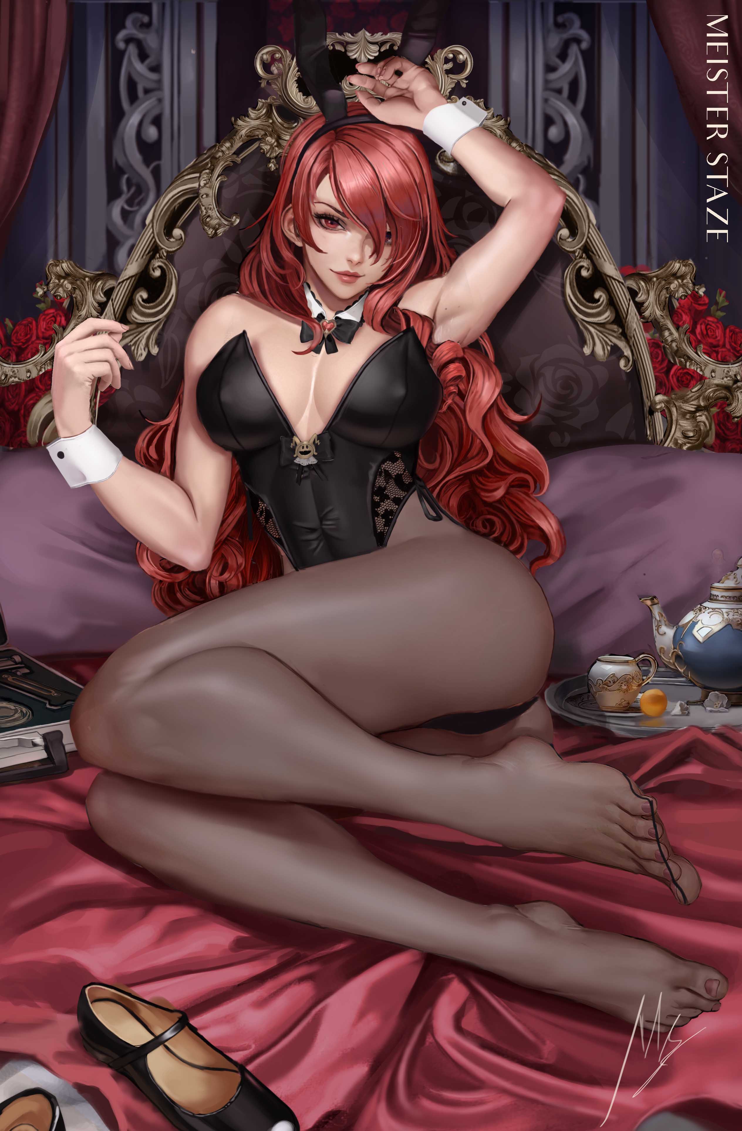 1girls, alternate version available, ass, bangs, bare shoulders, barefoot, big breasts, black footwear, black legwear, black leotard, black pantyhose, bow, bowtie, breasts, bunny ears, bunnysuit, cleavage, clothing, curvaceous, curvy female, detached collar, fake animal ears, feet, female, female only, footwear, footwear removed, hair over one eye, high heels, indoors, large breasts, legs, legwear, leotard, light skin, light-skinned female, lips, long hair, looking at viewer, lying, megami tensei, meister staze, mitsuru kirijo, no shoes, pantyhose, parted lips, persona, persona 3, red eyes, red hair, sitting, smile, soles, solo, strapless, strapless leotard, thighs, toes, wavy hair, wrist cuffs