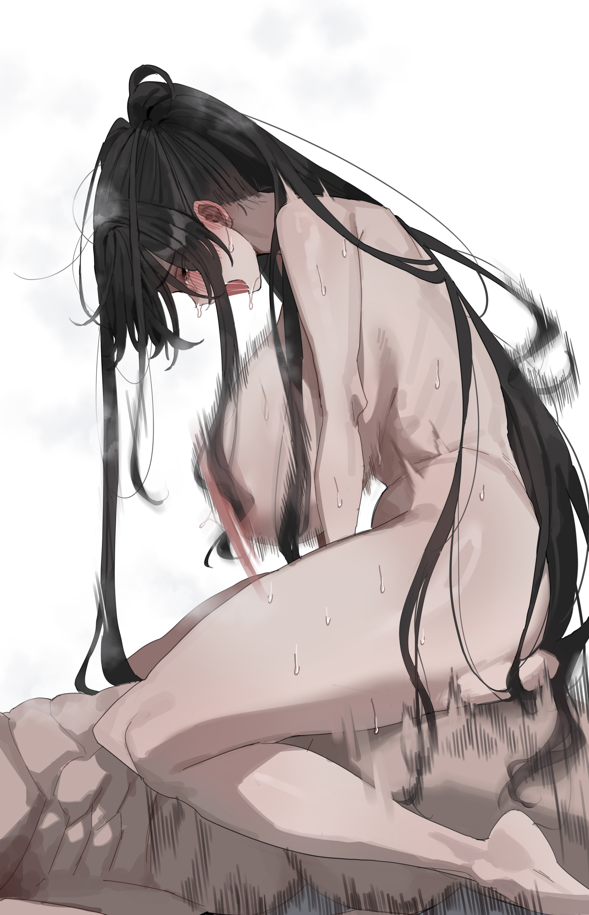 1boy, 1girls, ambiguous penetration, ass, ass ripple, big breasts, black hair, blush, breasts, closed eyes, completely nude, cowgirl position, female, female focus, head out of frame, long hair, male, mimyo, min jihyeon (mimyo), muscular, muscular male, nipples, nude, open mouth, original, ponytail, saliva, saliva trail, sex, simple background, solo focus, straight, sweat, tears, white background