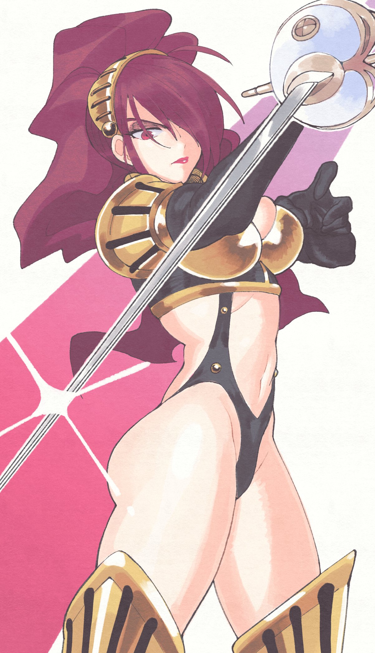 armor blush breasts elbow_gloves female gloves hair_over_one_eye high-cut_armor_(persona) highres inkerton-kun long_hair looking_at_viewer medium_breasts mitsuru_kirijo official_alternate_costume official_alternate_hairstyle persona persona_3 rapier red_hair solo sword thighhighs underwear weapon