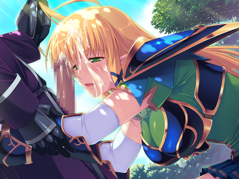 angelica_rothschild armor blonde_hair blush breasts censored clouds cum cum_on_hair elbow_gloves elf facial female game_cg green_eyes hair_grab highres himekishi_angelica ishigaki_takashi large_breasts long_hair open_mouth penis pointy_ears saliva shoulder_pads sky squatting standing trees