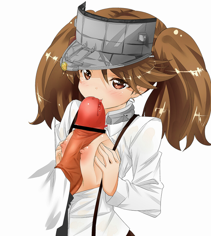 blush brown_eyes brown_hair censored dress_shirt fellatio female kantai_collection looking_at_viewer naizuri nipples oral penis ryuujou_(kantai_collection) serakoutarou shirt small_breasts smile solo_focus suspenders tied_hair twintails visor_cap