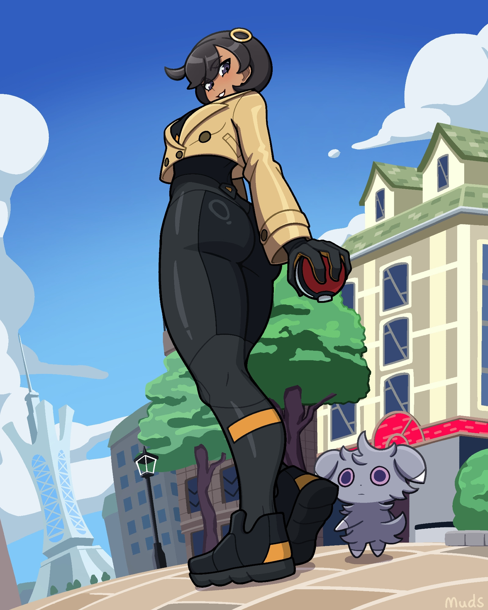 ass, ass focus, big ass, black hair, blue sky, bodysuit, cloud, dark skin, dark-skinned female, emma (pokemon), espurr, fat ass, female, gen 6 pokemon, gloves, highres, jacket, long sleeves, looking back, matiere (pokemon legends: z-a), matiere (pokemon), muds, nintendo, nyasper, pokemon, pokemon legends: z-a, purple eyes, shoes, short hair, sky, teeth, tree