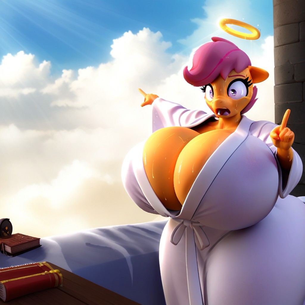 3d ai_generated alternate_body_type alternate_breast_size angel bathrobe clouds friendship_is_magic gooner_dimension halo heaven huge_ass huge_breasts my_little_pony pog scootaloo_(mlp) soyjak sweaty thick_thighs wide_hips