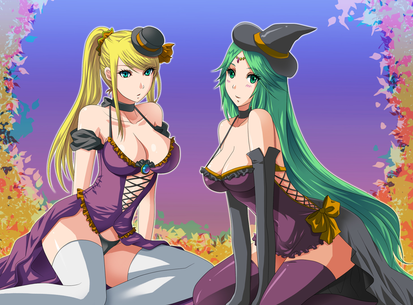 2girls, ass, breasts, clothed, crossover, dress, female, green eyes, green hair, hat, kid icarus, kuroma (atapi), large breasts, long hair, looking at viewer, metroid, nintendo, palutena, samus aran, source request, super smash bros.