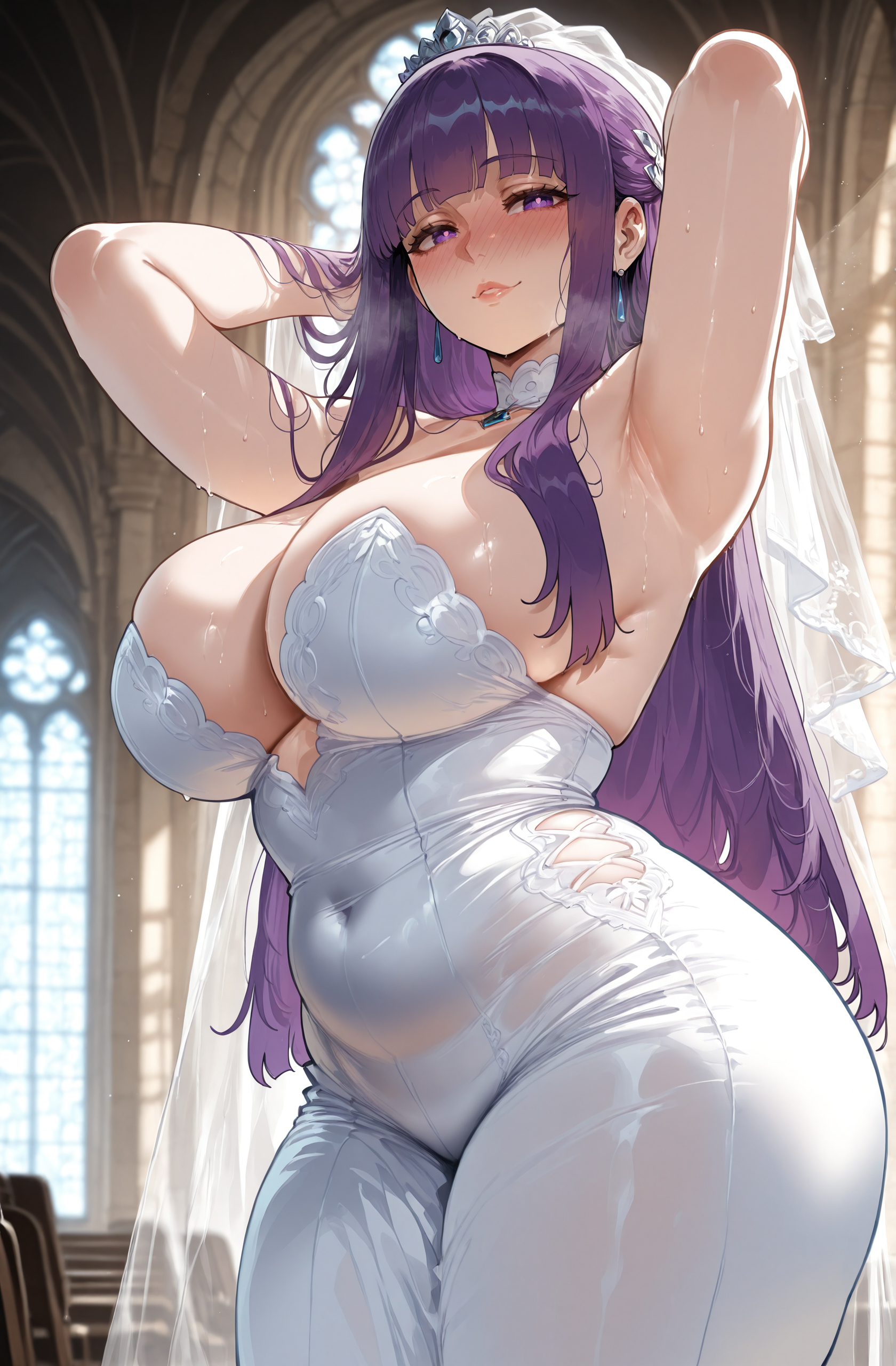 1girls, ai generated, armpits, arms behind head, arms up, bangs, bare shoulders, blunt bangs, blush, breasts, bridal veil, bride, choker, church, cleavage, clothing, covered navel, curvaceous, curvaceous female, curvaceous figure, curvy, curvy figure, dress, earrings, female, female focus, female only, fern (sousou no frieren), indoors, inviting, inviting to sex, jewelry, large breasts, lips, long dress, long hair, looking at viewer, miyuai, navel, plump, presenting, presenting armpit, presenting ass, presenting breasts, presenting hindquarters, presenting pussy, presenting self, purple eyes, purple hair, purple pupils, pussy, seductive, seductive look, seductive smile, see-through, sideboob, sidelocks, smile, solo, sousou no frieren, strapless, sweat, thick thighs, thighs, tiara, veil, voluptuous, voluptuous female, wedding dress, wet, white choker, white dress, window