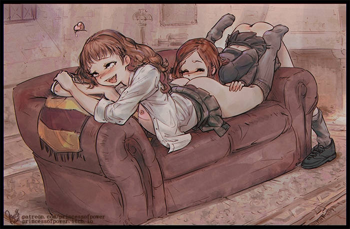 2girls female/female female_only ginny_weasley harry_potter hermione_granger lesbian lesbian_sex magic on_sofa princessofpower sex sofa yuri