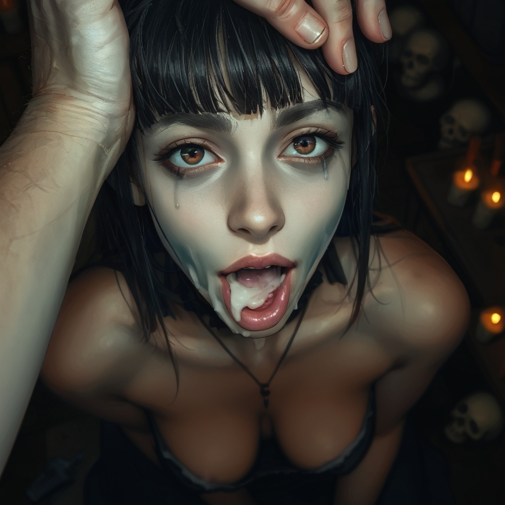 after_fellatio ai_generated black_hair brown_eyes cum_in_mouth head_grab liora lioram00n open_mouth original_character running_mascara runny_makeup