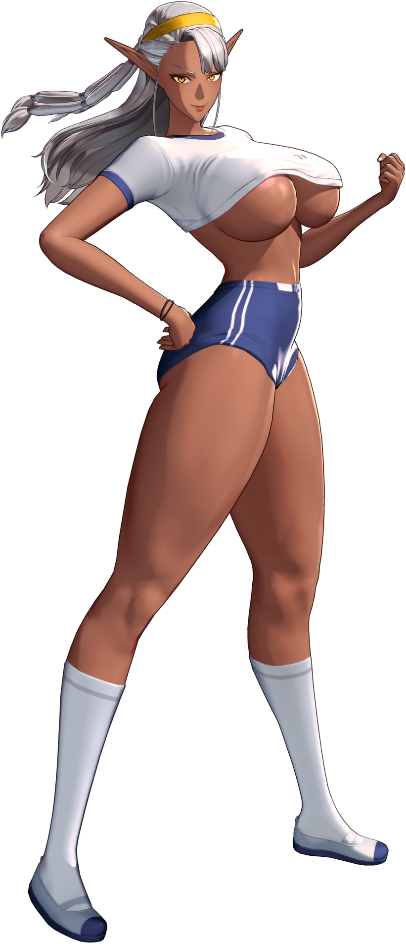 3d 3d_model alternate_costume areola areola_slip areolae areolae_slip dark-skinned_female dark_skin elf elf_ears fit_female game_cg gym_clothes gym_uniform hairband hi_res highres horizon_walker huge_breasts kalina_(horizon_walker) large_breasts legs lips lipstick long_hair nipple_bulge official_art pointy_ears shirt shoes shorts simple_background socks thick_thighs thighs underboob white_hair yellow_eyes