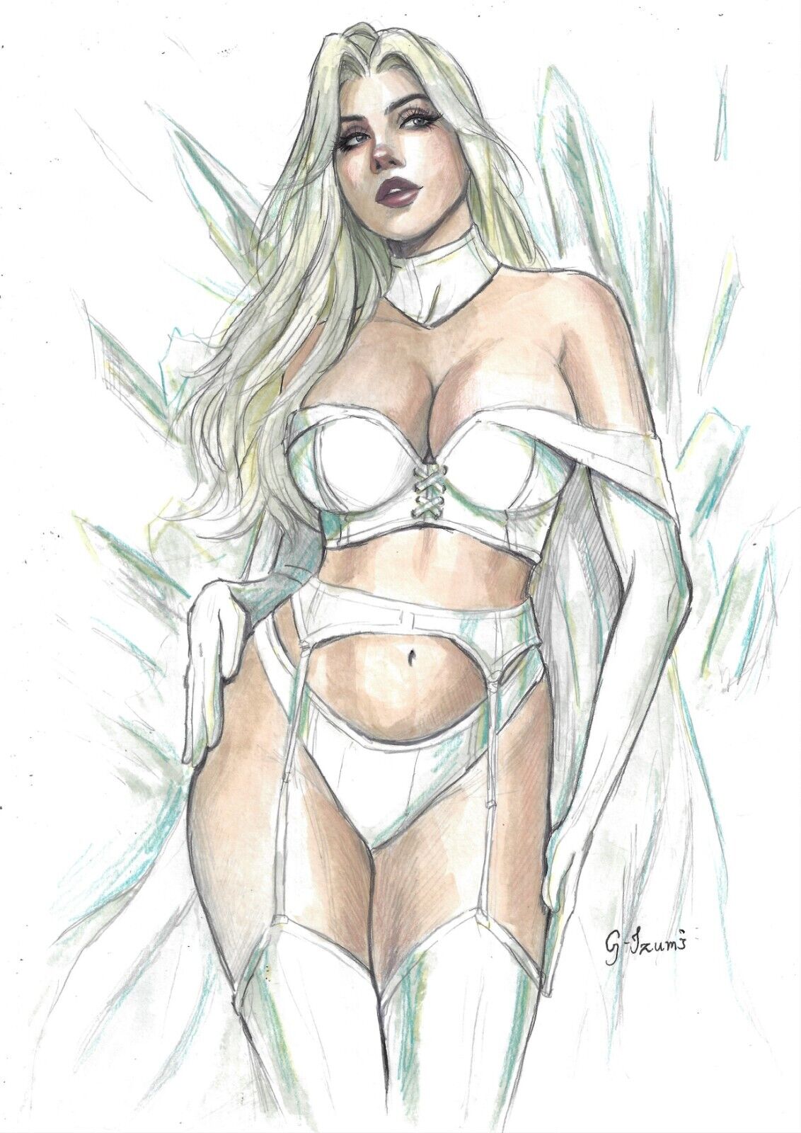 blonde_hair blue_eyes emma_frost female female_only garter_straps gustavo_izumi hellfire_club large_breasts marvel marvel_comics panties pinup tramastudio white_queen x-men