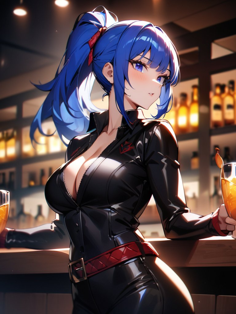 1girls ai_generated bar big_ass big_breasts blue_eyes blue_hair bodysuit bottle busty clothed drink female glass king_of_fighters latex latex_clothing latex_suit leona_heidern light-skinned_female light_skin long_hair pale-skinned_female pale_skin ponytail tied_hair voluptuous voluptuous_female wide_hips