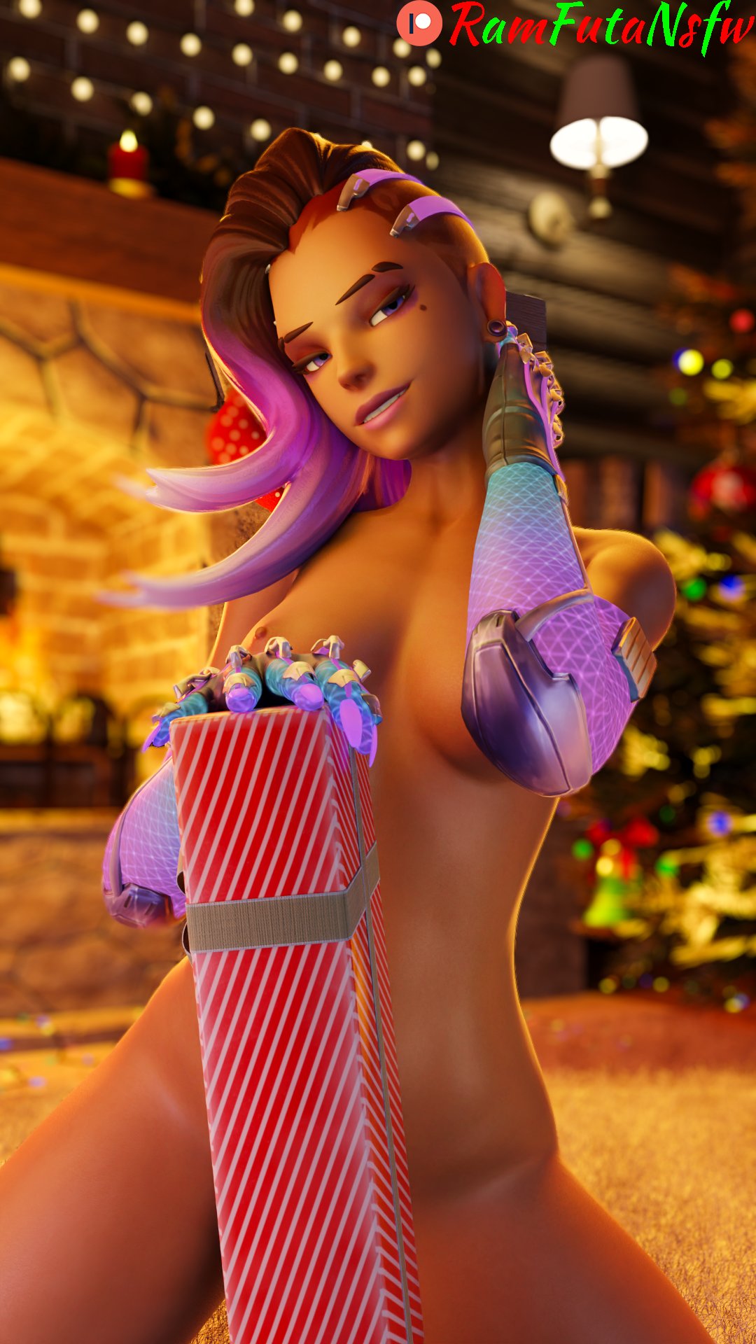 1girls 3d breasts christmas dark-skinned_female dark_skin female latina nipples overwatch ramfutansfw solo sombra