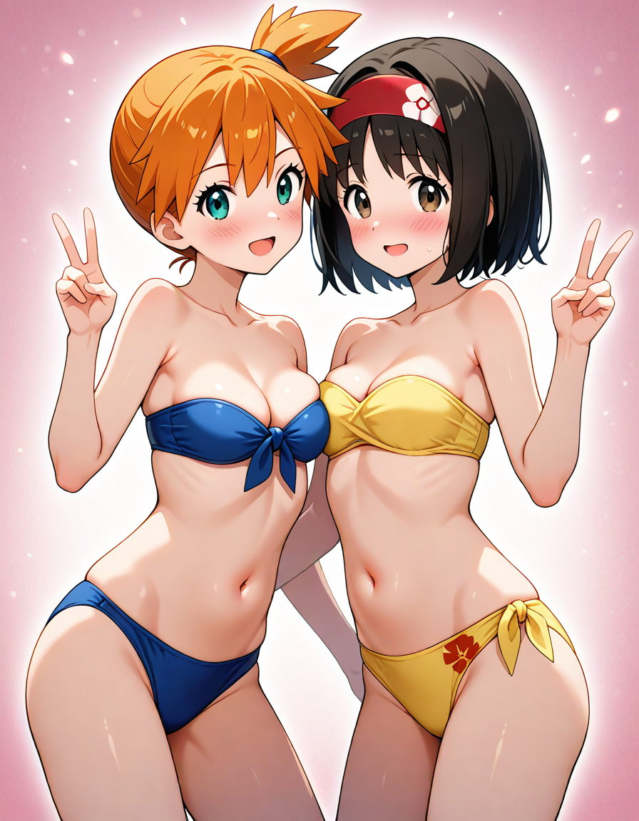 2girls :d ai_generated aqua_eyes armpits asymmetrical_docking asymmetrical_hair bandeau bangs bare_arms bare_shoulders bikini bikini_bottom bikini_top black_hair blue_bikini blue_eyes blue_swimsuit blush breast-to-breast breast_press breasts brown_eyes brown_hair clavicle cleavage closed_mouth clothing erika_(pokemon) eyebrows eyebrows_visible_through_hair eyelashes female female_only floral_print front-tie_bikini_top front-tie_top green_eyes hair_between_eyes hair_ornament hairband hand_up headwear kasumi_(pokemon) large_breasts long_hair looking_at_viewer medium_breasts midriff multiple_girls navel open-mouth_smile open_mouth orange_hair pokemon pokemon_character ponytail red_hairband shiny shiny_skin short_hair side-tie_bikini_bottom side-tie_clothing side-tie_swimsuit side_ponytail sidelocks skindentation small_breasts smile standing stomach strapless strapless_bikini strapless_swimsuit string_bikini sweatdrop swimsuit teeth thigh_gap thighs tied_hair upper_teeth upper_teeth_only v yellow_bikini yellow_swimsuit