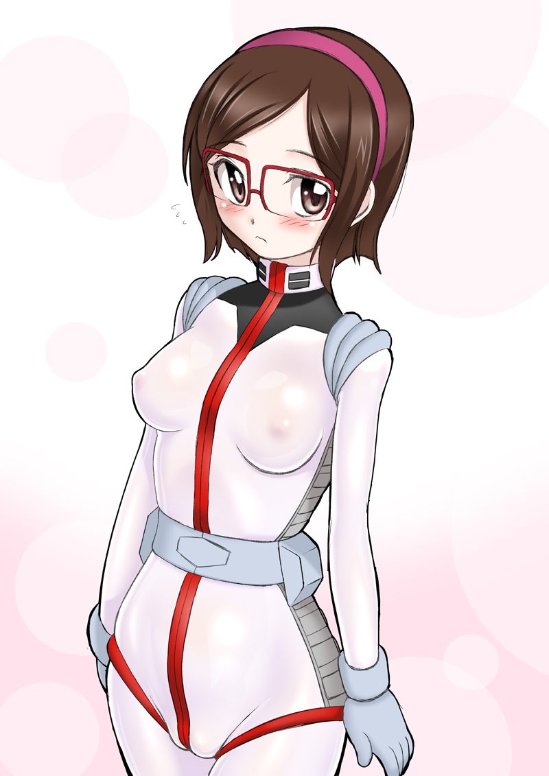 artist_request blush bodysuit breasts brown_eyes brown_hair erect_nipples female gundam gundam_build_fighters hairband kousaka_china medium_breasts nipples see-through skin_tight solo