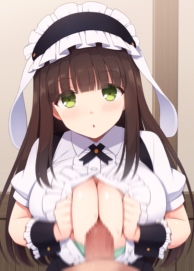 1boy :o animal_ears blunt_bangs bra breasts breasts_squeezed_together brown_hair censored center_frills commentary_request female floppy_ears frills gochuumon_wa_usagi_desu_ka? green_bra green_eyes huge_breasts indoors kurikara light_blush long_hair looking_at_viewer maid maid_headdress mosaic_censoring motion_blur paizuri parted_lips perpendicular_paizuri rabbit_ears sweat ujimatsu_chiya underwear upper_body wrist_cuffs