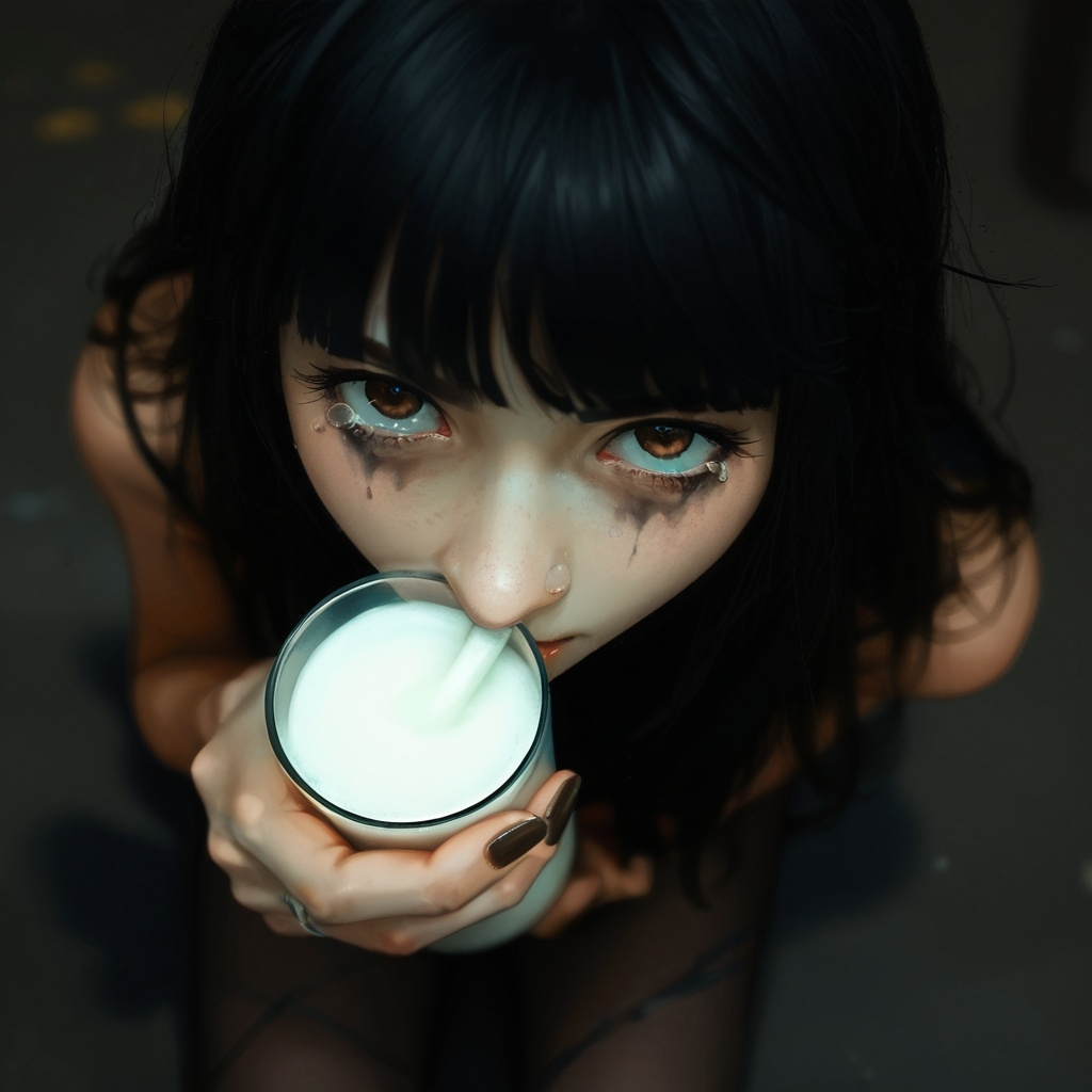 after_fellatio ai_generated black_hair brown_eyes crying cum_on_glass cum_out_nose glass liora lioram00n original_character running_mascara runny_makeup