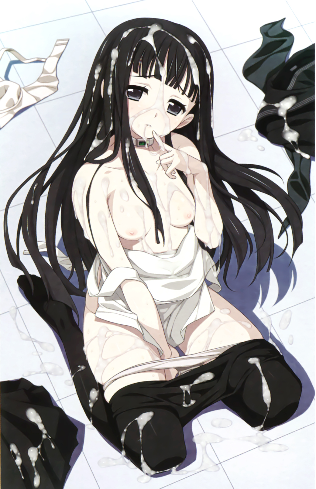 1girls bangs black_eyes black_hair black_legwear blunt_bangs blush breasts bukkake byakuya_rinne clockup collar cum cum_on_body cum_on_breasts cum_on_clothes cum_on_face cum_on_hair cum_on_lower_body cum_on_upper_body cum_string euphoria euphoria_(clockup) exposed_breasts facial female finger_to_mouth grey_eyes hamashima_shigeo highres hime_cut long_hair nipples pale-skinned_female pale_skin panties panty_pull pantyhose pantyhose_pull pink_nipples scan school_uniform schoolgirl sitting skindentation small_breasts teen teen_girl teenage teenage_girl teenager topless underwear wariza white_panties young