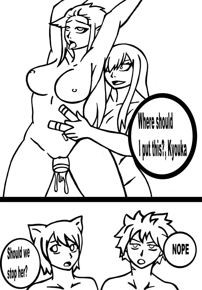 1boy 3girls dildo english_text erza_scarlet fairy_tail kyouka large_breasts lisanna_strauss long_hair monochrome natsu_dragneel nude pussy short_hair speech_bubble tagme yuri