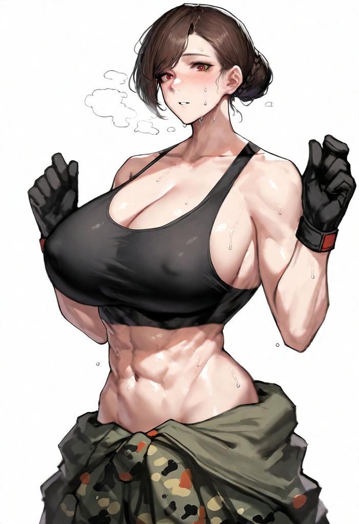 1girls abs ai_generated armpits arms_up black_hair breasts camouflage gloves large_breasts long_hair muscular_female solo sweat tagme tank_top yashiro0930_(artist)