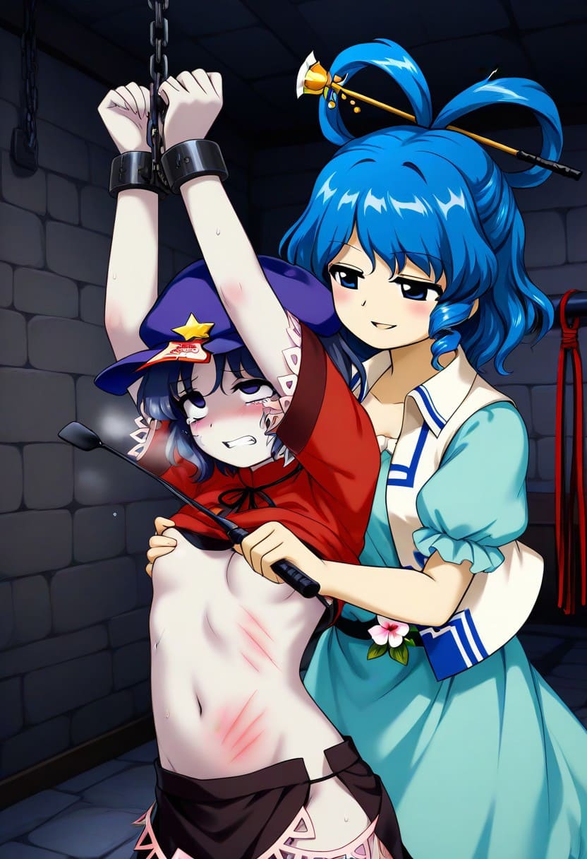 2girls ai_generated blue_eyes blue_hair bondage bondage chained_wrists chains dungeon eyes_rolling_back grabbing_breasts heavy_breathing jiangshi riding_crop scars seiga_kaku small_breasts stable_diffusion tears touhou yoshika_miyako yuri