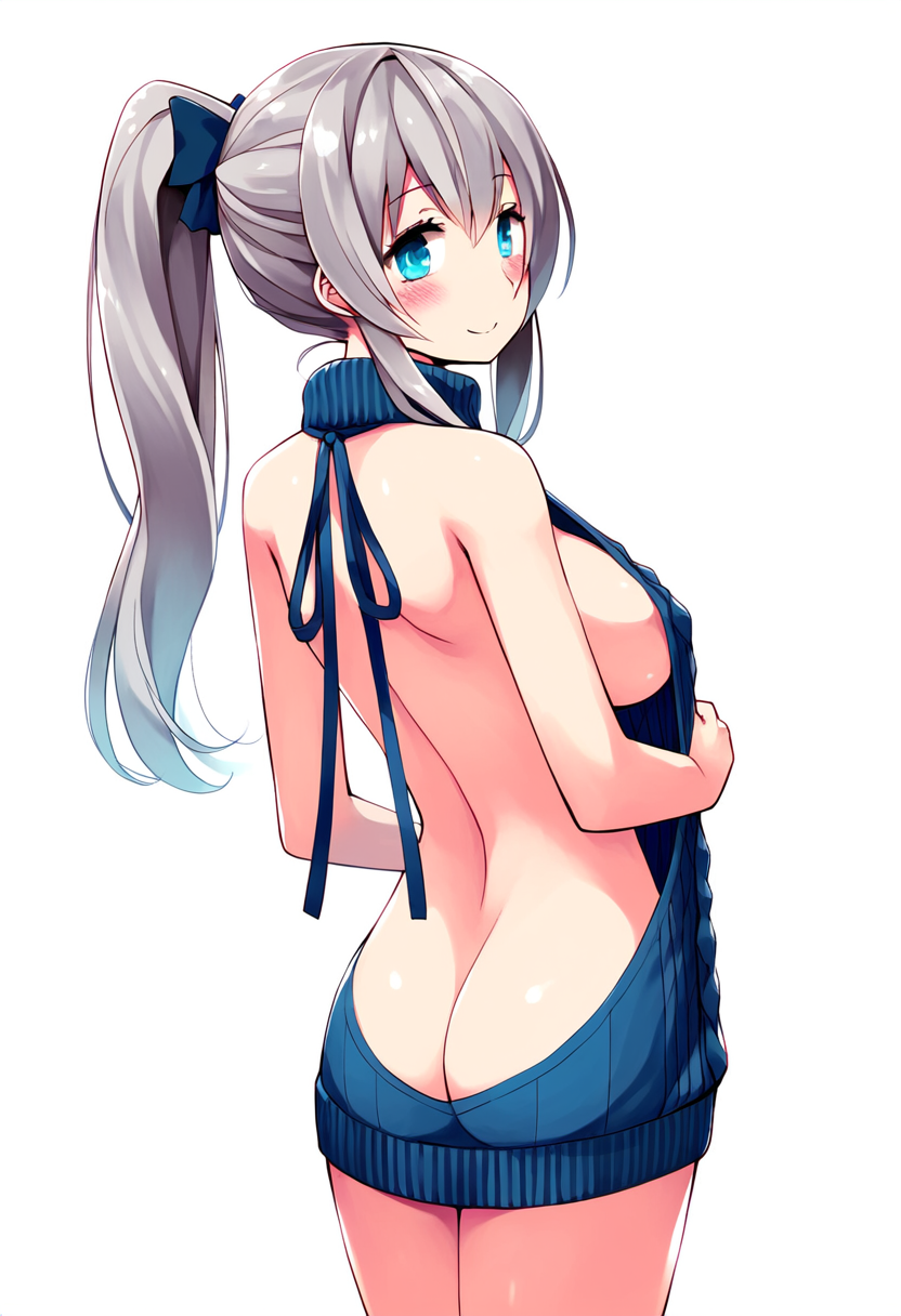 1girls ai_generated android ass blue_eyes breasts breasts exposed_back exposed_hips gray_hair hismajestyii jenn_schauber_(hismajestyii) jenn_schauber_(t-1p_body)_(hismajestyii) large_breasts light_skin mature mature_female novelai original original_character ponytail silver_hair slim slim_waist smile synthetic_body virgin_killer_outfit virgin_killer_sweater