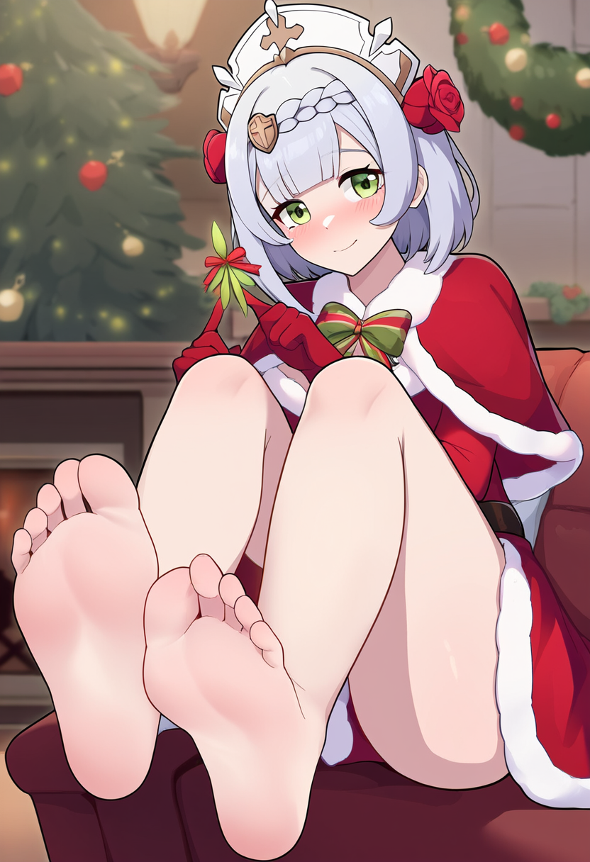 ai_generated blush blushing_at_viewer christmas christmas_outfit christmas_tree cute feet feet_up foot_fetish foot_play genshin_impact green_eyes grey_hair hat imminent_foot_worship indoors mistletoe noelle_(genshin_impact) offering_feet_to_viewer rose sitting_on_couch smile smiling_at_viewer soles su_whore_(artist)