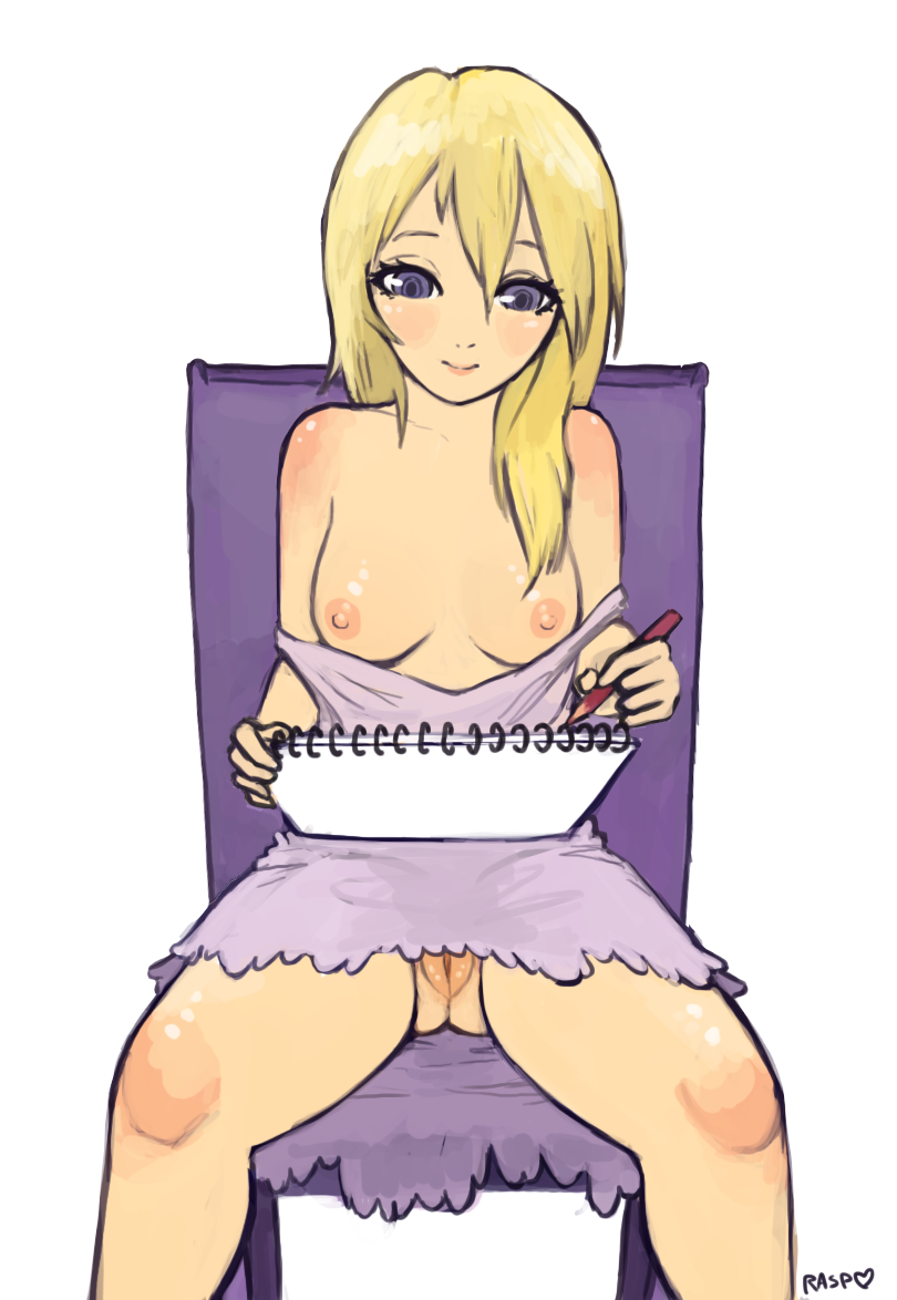 artist_name blonde_hair blue_eyes blush chair drawing dress female kingdom_hearts kingdom_hearts_358/2_days long_hair namine no_panties pencil pussy rasp sitting sketchpad small_breasts smile solo spread_legs uncensored upskirt