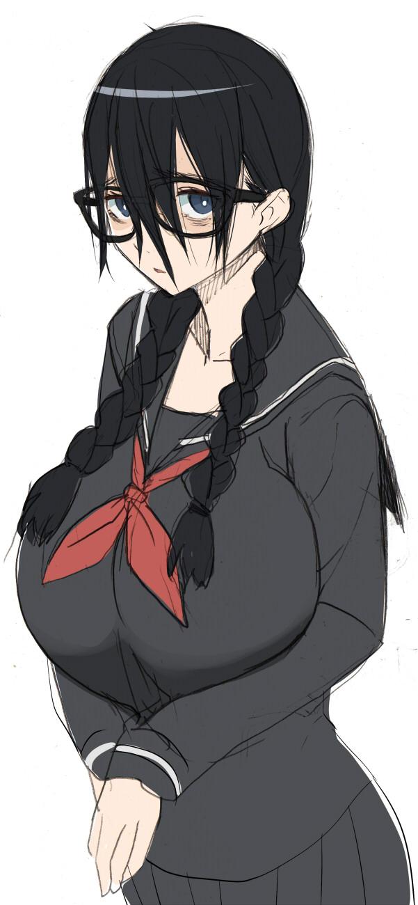 1girls big_breasts black_hair blue_eyes braids breasts female female_only glasses huge_breasts isade_suzuko kloah kuro_no_innyuu pale_skin school_uniform serafuku shy skirt