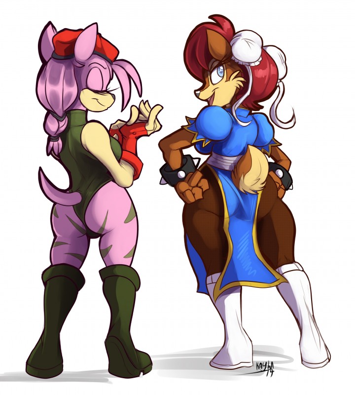 2014, 2girls, amy rose, anthro, archie comics, ass, beret, boots, breasts, cammy white (cosplay), chipmunk, chun-li (cosplay), closed eyes, clothed, clothing, cosplay, double bun, female, fur, gloves, hair, hat, hedgehog, hi res, kayla-na, looking at viewer, looking back, mammal, multiple females, multiple girls, open mouth, pink hair, plain background, presenting, red hair, rodent, sally acorn, sega, smile, sonic (series), sonic the hedgehog (archie), sonic the hedgehog (comics), sonic the hedgehog (series), spiked bracelet, street fighter, street fighter 6, street fighter alpha, street fighter alpha 2, street fighter alpha 3, street fighter iv, street fighter iv (series), street fighter v, thick thighs, wide hips