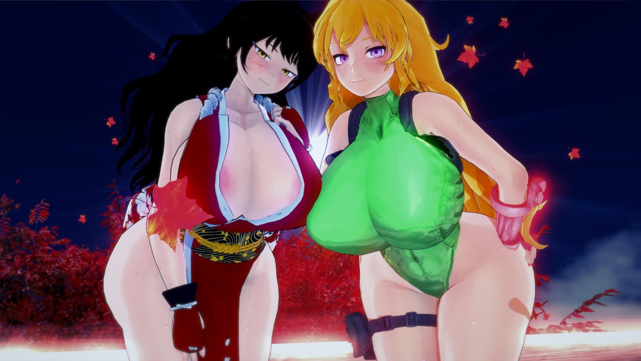 2girls big_breasts black_hair black_hair_female blake_belladonna blonde_female blonde_hair breasts cammy_white_(cosplay) canon_couple cleavage fatal_fury long_hair long_hair_female mai_shiranui_(cosplay) nipple_bulge purple_eyes rwby stormstriker street_fighter yang_xiao_long yellow_eyes