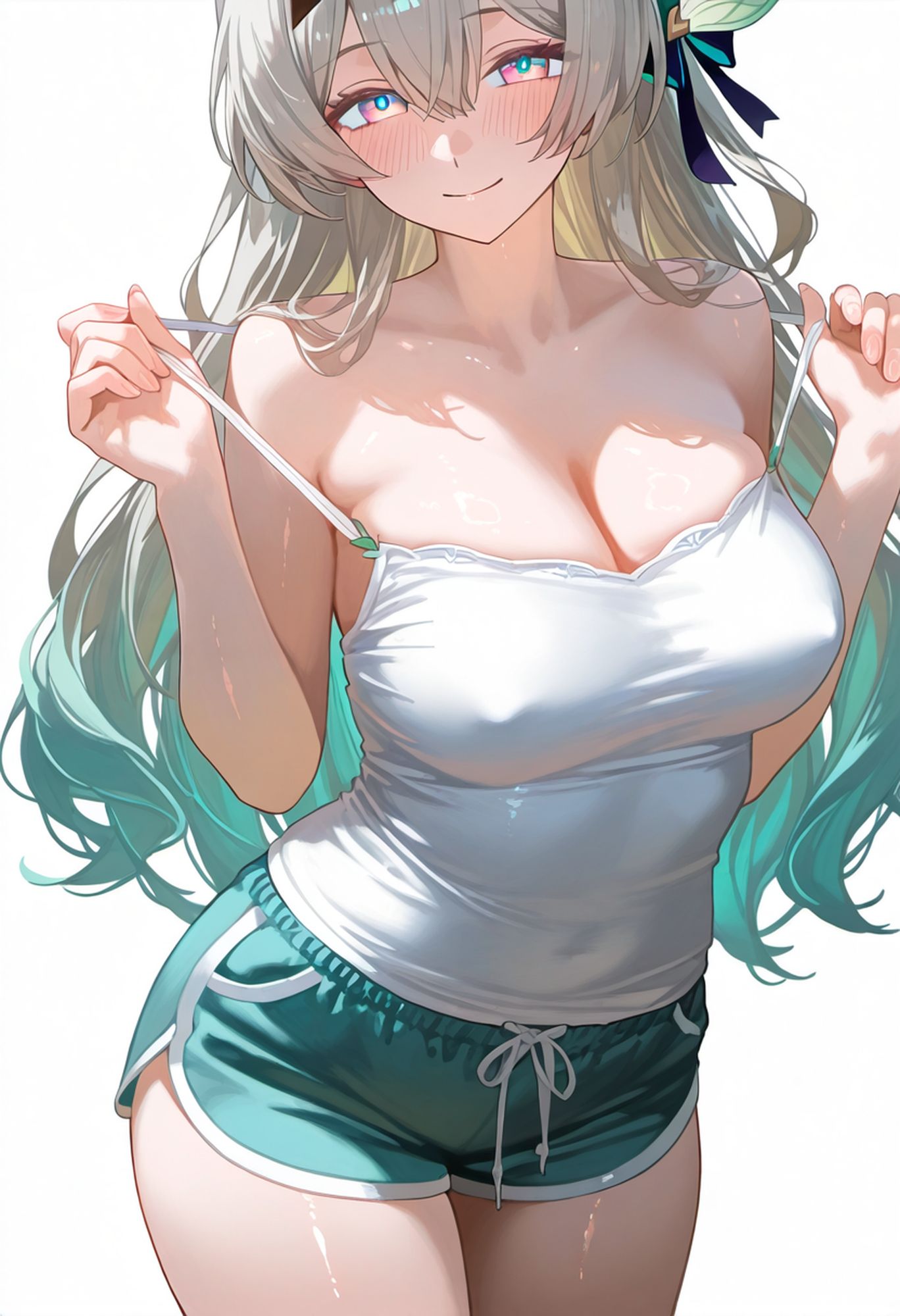 1girls ai_generated blush breasts cleavage curvy curvy_figure female firefly_(honkai:_star_rail) honkai:_star_rail honkai_(series) large_breasts looking_at_viewer seductive seductive_eyes seductive_look seductive_smile shorts smile strap_pull tank_top white_tank_top white_topwear