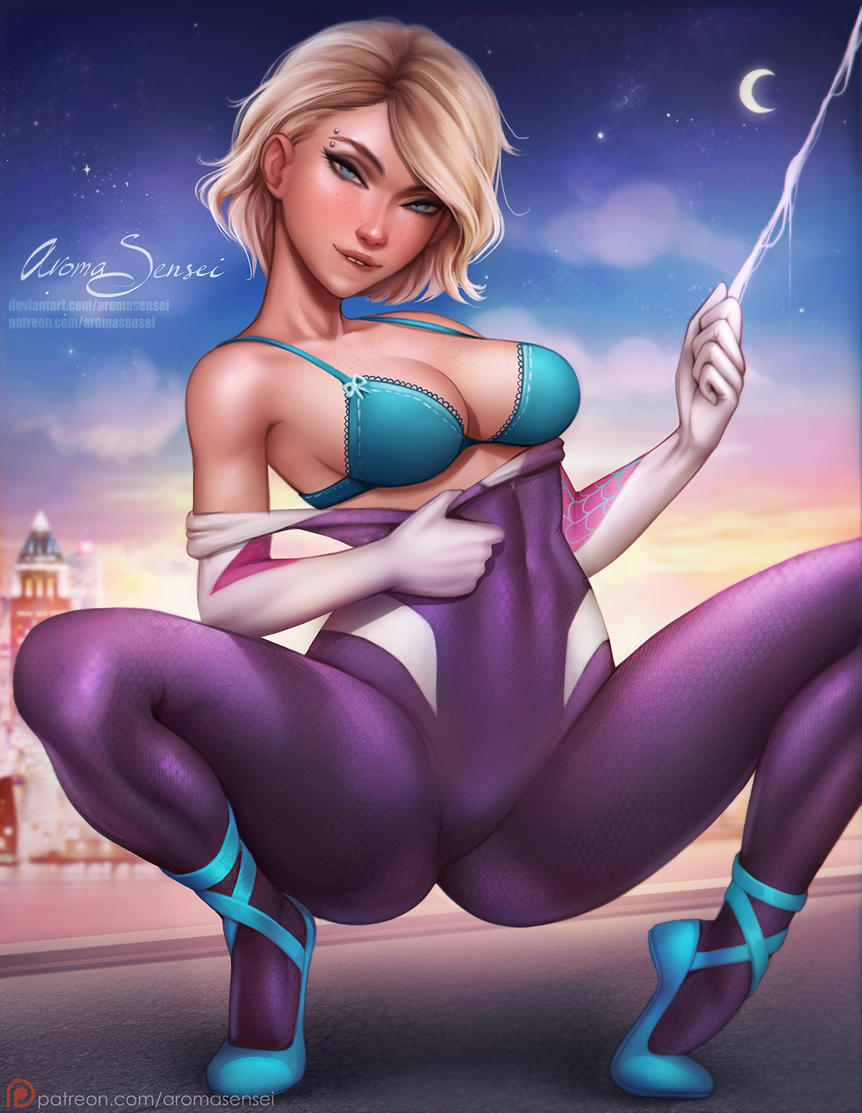 1girls, aroma sensei, big breasts, blonde hair, blue eyes, bodysuit, bra, breasts, cleavage, eyebrow piercing, female, female only, freckles, gwen stacy, gwen stacy (spider-verse), looking at viewer, marvel, marvel comics, piercing, solo, spider-gwen, spider-man (series), spider-man: into the spider-verse, superhero, superhero costume, superheroine