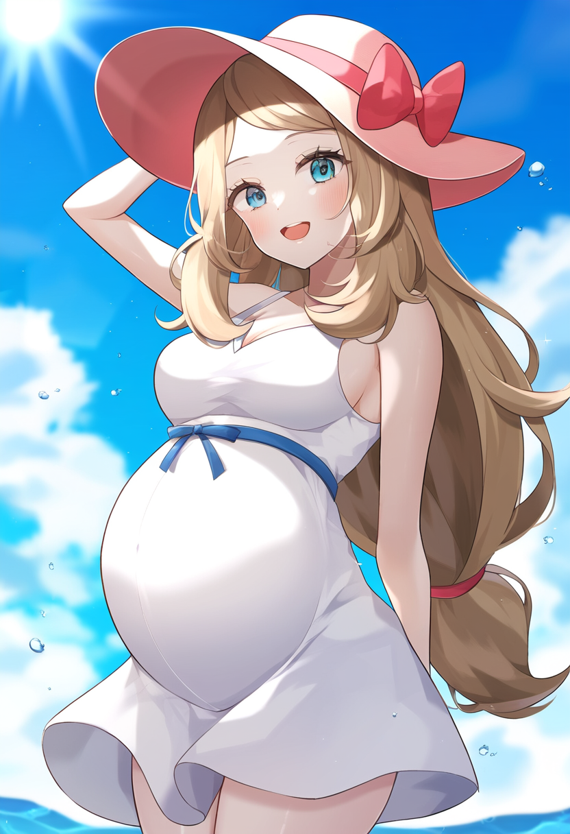 aged_up ai_generated novelai pokemon pregnant serena_(pokemon) sun_hat sundress