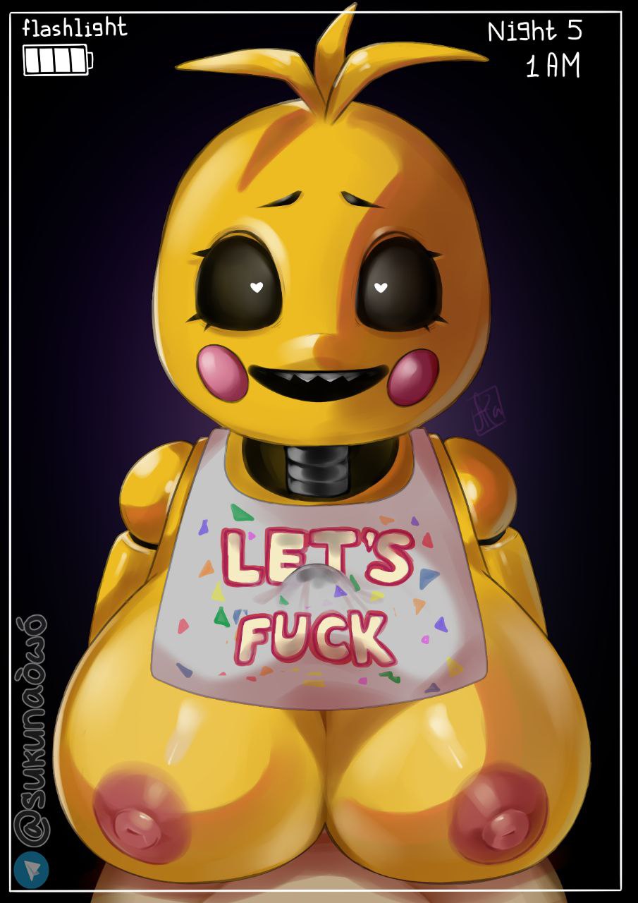 1boy 1girls animatronic animatronic_female anthro artist_name big_breasts big_nipples black_eyebrows boobs_out bottomless bottomless_male breasts breasts_out chica_(fnaf) commission commission_art eyebrows female female_anthro female_focus five_nights_at_freddy's fnaf heart_eyes hearts_in_eyes huge_boobs huge_breasts looking_at_viewer male male/female mouth nipples no_bra no_panties no_underwear open_mouth penis_between_breasts pink_nipples sukunaowo telegram_logo topless topless_female yellow_body yellow_skin