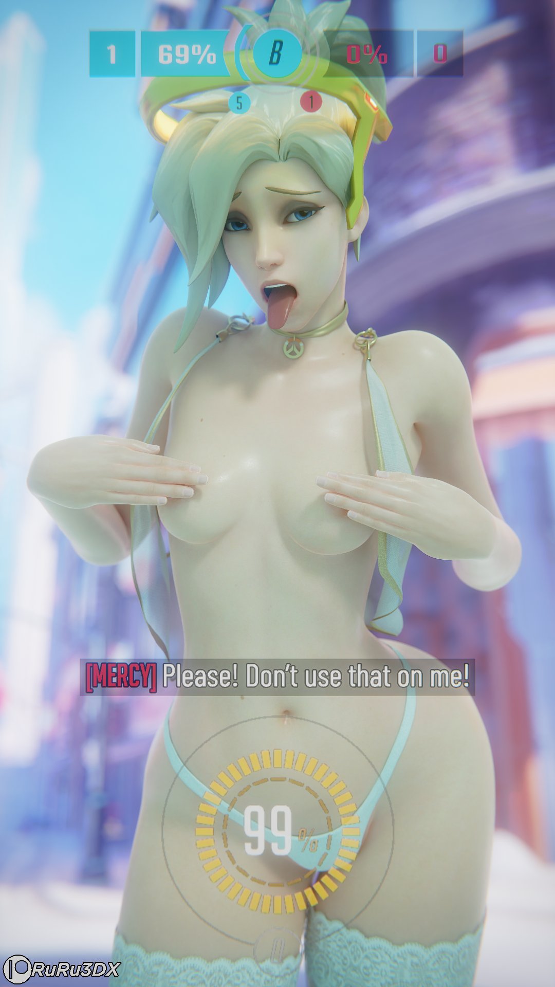 1girls 3d blonde_hair breasts covered_nipples female female_only gameplay_mechanics mercy nipples overwatch ruru3dx solo tongue_out topless user_interface