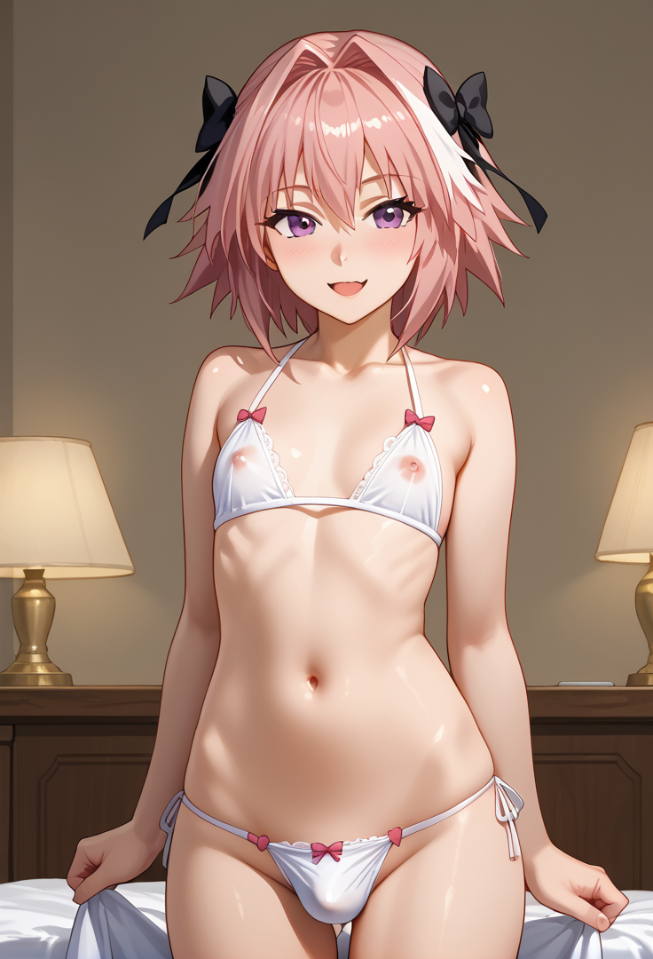 1boy ai_generated astolfo_(fate) bangs bare_shoulders bed black_bow blush bow bow_panties braid bulge collarbone covered_nipples crossdressing curtains erection erection_under_clothes fate_(series) hair_intakes hairbow indoors lingerie long_hair looking_at_viewer male_focus multicolored_hair navel nipples oerba_yun_fang open_mouth otoko_no_ko panties pectorals penis penis_in_panties pink_hair purple_eyes ribbon see-through side-tie_panties single_braid smile solo streaked_hair testicles trap underwear white_bra white_hair white_panties yaoi