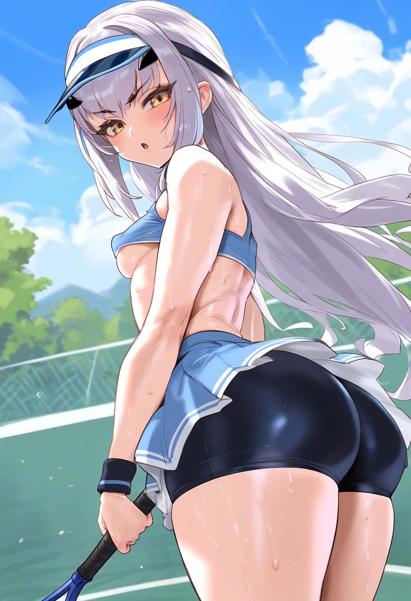 1girls ai_generated ass fate/grand_order fate_(series) light-skinned_female long_hair melusine_(fate) silver_hair sweat tennis_racket tennis_uniform tharkica yellow_eyes