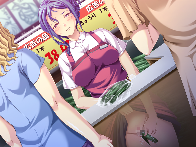 apron artist_request blue_hair blush censored clerk clothed_masturbation clothing cucumber hidden masturbation public pussy_juice secret shop skirt skirt_lift sneaky stealth_masturbation under_the_table vegetable_dildo