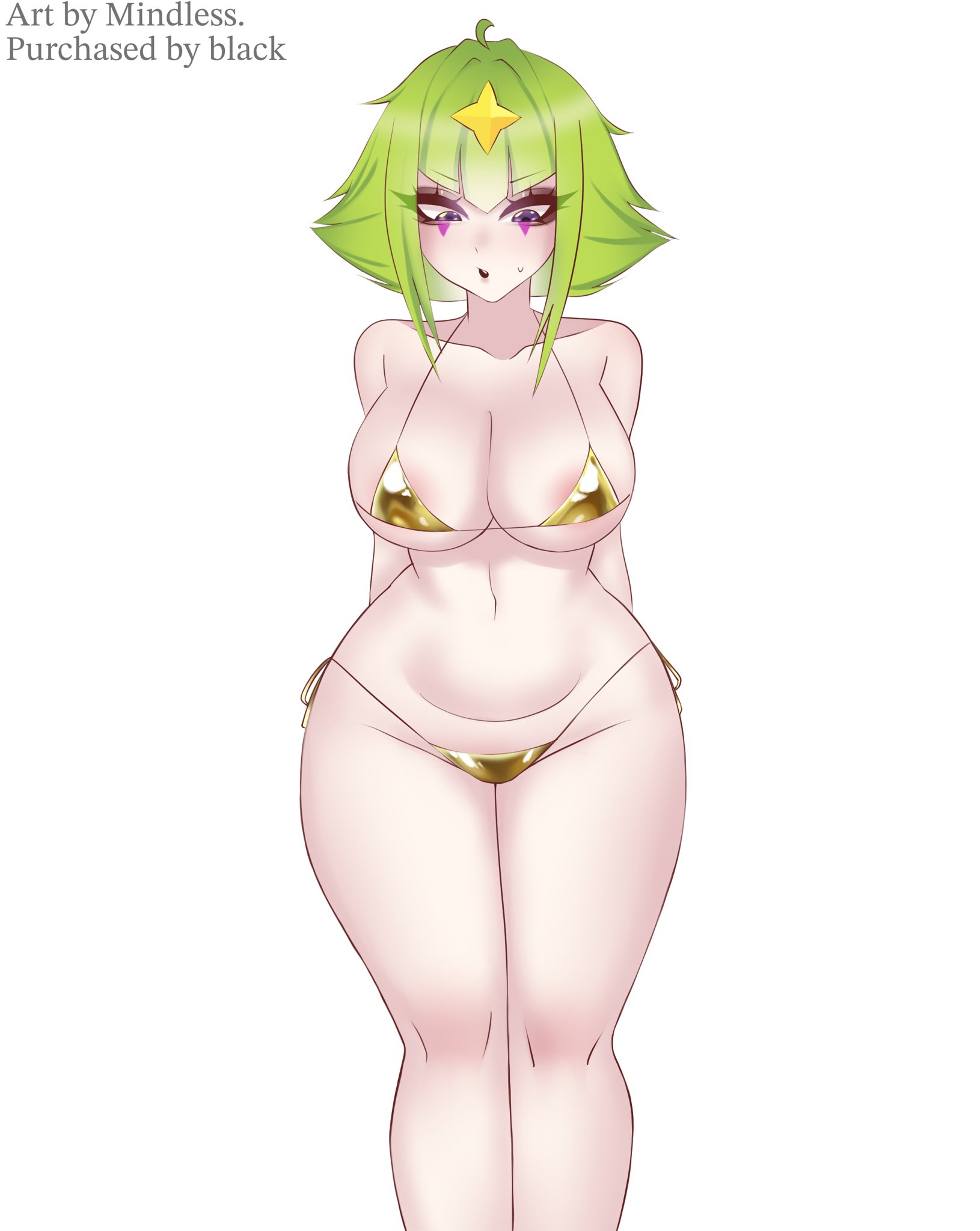 1girls, alternate version available, artist name, big breasts, bikini, bikini bottom, bikini top, black lipstick, brawl stars, breasts, eyebrows visible through hair, female, female focus, female only, gold bikini, golden bikini, green hair, light skin, light-skinned female, lipstick, makeup, melodie (brawl stars), mindless (artist), navel, nude, nude female, panties, pop melodie (brawl stars), purple eyes, short hair, solo, solo female, solo focus, textless, thick thighs, thighs, topwear
