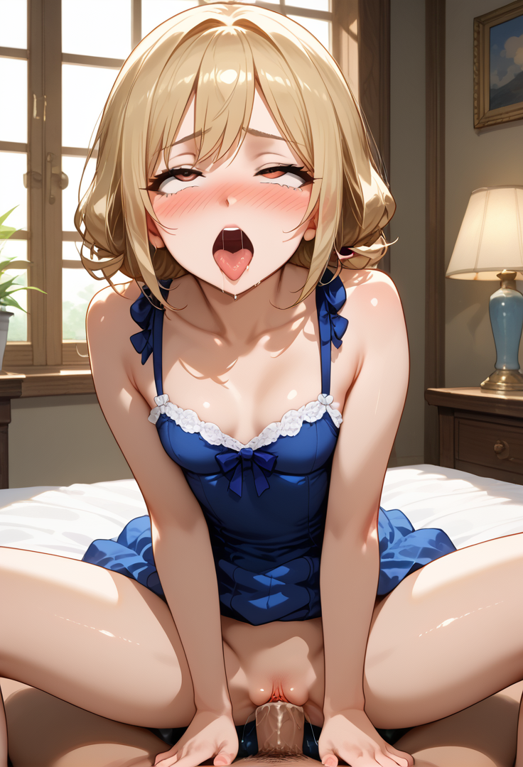 1boy ahe_gao ai_generated bangs bare_shoulders blue_dress blush breasts brown_eyes collarbone cowgirl_position cowgirl_position dress female indoors lamp light_brown_hair looking_at_viewer no_panties on_bed open_mouth penis plant pussy saliva sex small_breasts solo_focus spread_legs straddling straight teeth tongue tongue_out torogao uncensored vaginal_penetration window