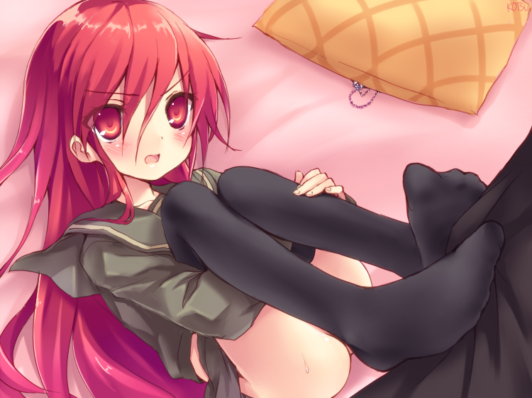 black_legwear blush female footjob footjob_with_legwear long_hair looking_at_another lying no_panties no_shoes on_back open_mouth red_eyes red_hair school_uniform serafuku shakugan_no_shana shana solo_focus thighhighs very_long_hair