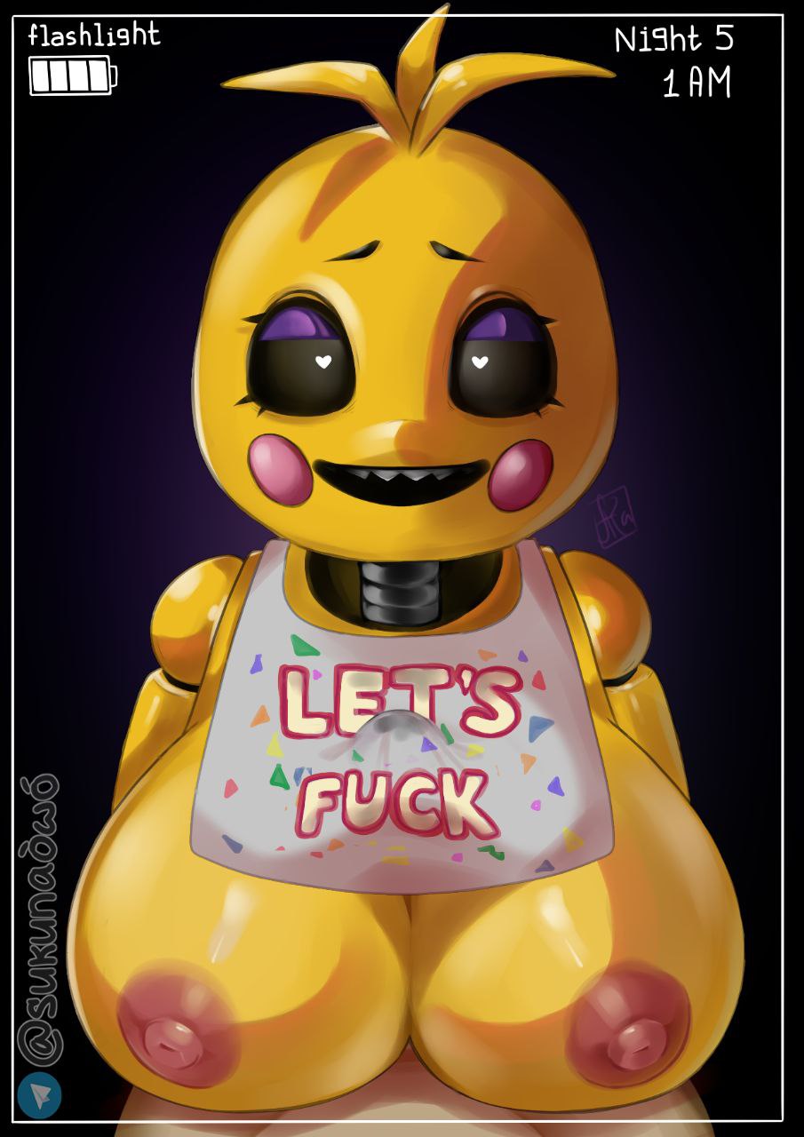 1boy 1girls animatronic animatronic_female anthro artist_name big_breasts big_nipples black_eyebrows boobs_out bottomless bottomless_male breasts breasts_out chica_(fnaf) commission commission_art eyebrows eyeshadow female female_anthro female_focus five_nights_at_freddy's fnaf heart_eyes hearts_in_eyes huge_boobs huge_breasts looking_at_viewer male male/female mouth nipples no_bra no_panties no_underwear open_mouth penis_between_breasts pink_nipples purple_eyeshadow sukunaowo telegram_logo topless topless_female yellow_body yellow_skin